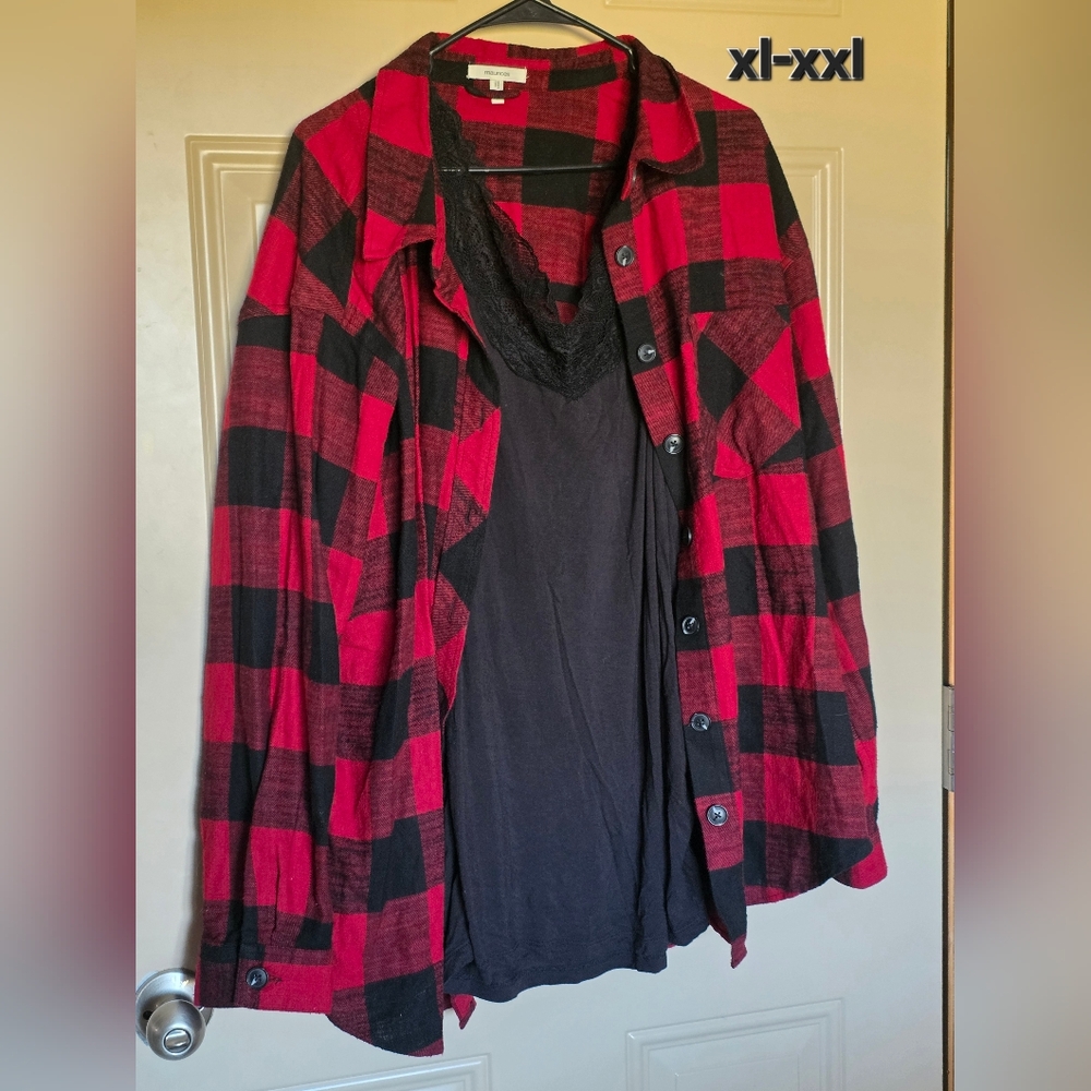 Maurices XXL Red and Black Plaid Button-Up Shirt And A BLACK XL LACE TANK